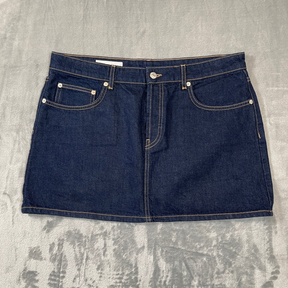 Zara Womens Dark Wash Denim Mini Skirt Indigo Blue Button Fly Size XL